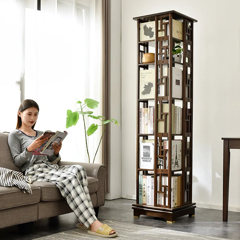 Solid wood bookshelf rotating bookshelf 360 degree mobile bookcase living room floor shelf