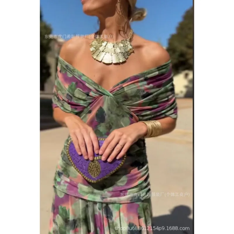 

Elegant Party Retro Dress 2025 Summer New Chiffon One-shoulder Long Dress with Lining Fold Slim Waist Dresses for Women Clothing