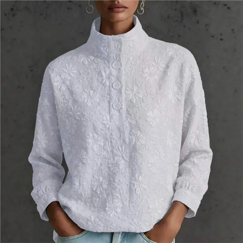 2026 New Autumn And Winter Women's Top Printed Half Height Tie Button Fashion Comfortable Simple And Unique Bohemian Style Top
