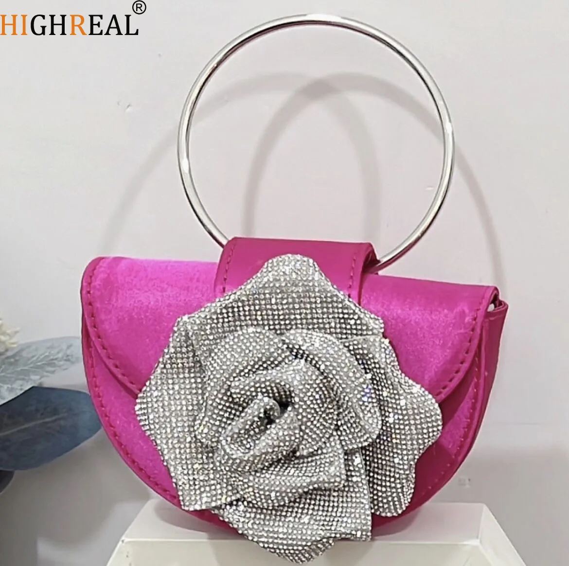 

Luxury Rose Flower Crystal Clutch Bags Women Party Evening Flap Handbags Bridal Wedding Rhinestone Ring Handle Half Moon Bag Sac