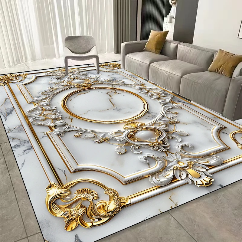 Modern Luxury Marble Pattern Print Flannel Area Rug Gold Design Soft Comfortable Floor Mat For Living Room