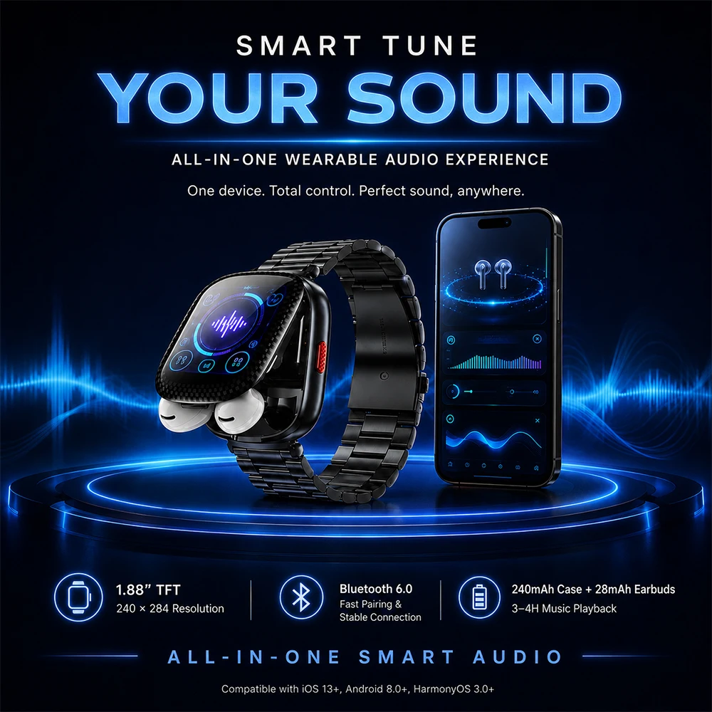 New 2 in 1 Earbud Smart Watch 1.88 Inch Curved TFT Screen Wireless Audio Wearable with Metal Band for Daily Music and Calls