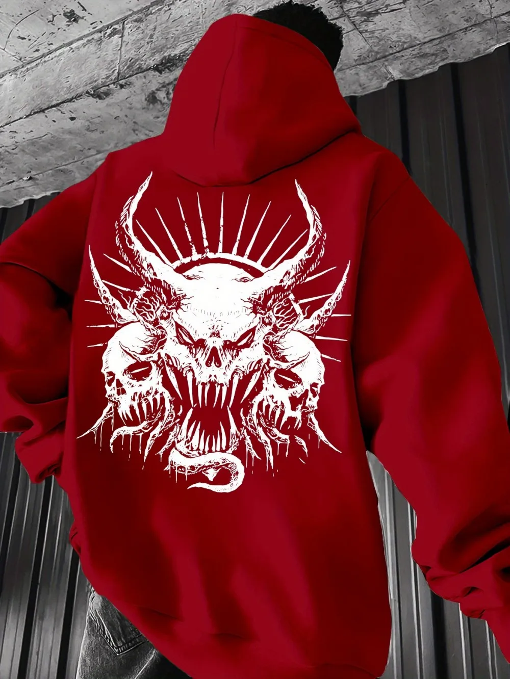 Punk street guy hooded sweatshirt with long horned devil skull print. Dark and fashionable, warm and comfortable hooded shirt.