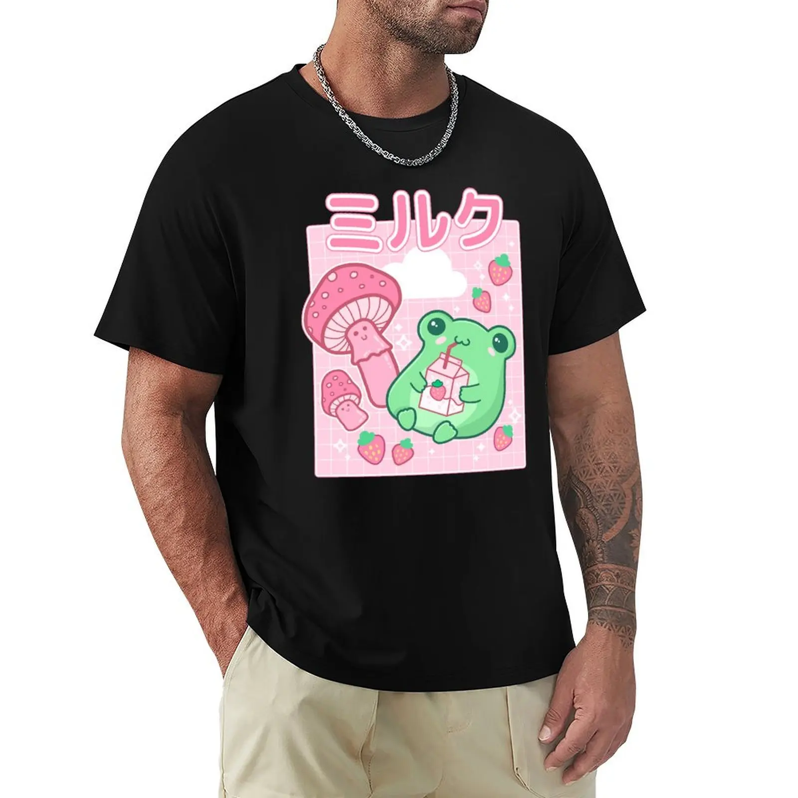 

Cute Cottagecore Frog with Strawberries in Retro 90s Kawaii Aesthetic: A Japanese Y2K Style Pink Fungi and Bubble Milk F T-Shirt
