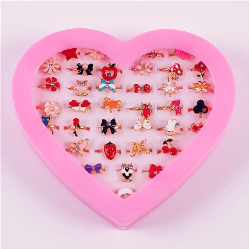 10pcs Cute Adjustable Rings Children Girls Pretend Play Makeup Toys Cartoon Crystal Jewelry Alloy Animal Enamel Ring