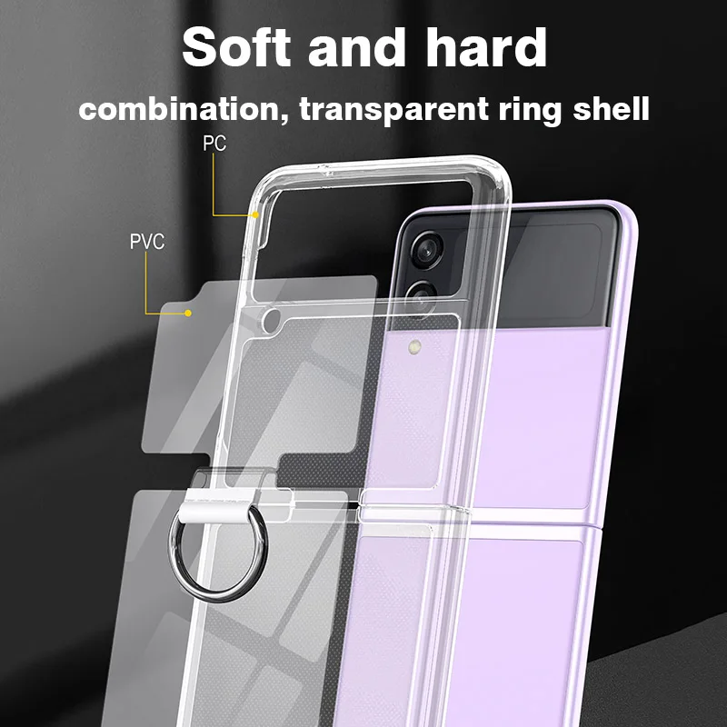Shockproof Transparent Case For Samsung Galaxy Z Flip Fold 5 4 3 Built-in Metal Finger Ring Holder Anti-Drop Foldable Cover New