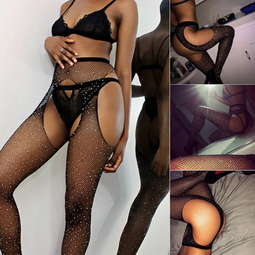 

Women Sexy Hollow Out Black Fishnet Net Mesh Pantyhose Lady Fashion Shiny Rhinestone Sequins Stretchy Tights Stockings Hosiery