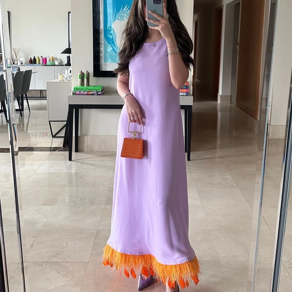 Qcenkern-Vestidos de Noche formales de Arabia Saudita sin mangas, vestidos de fiesta con plumas, color morado, 2023