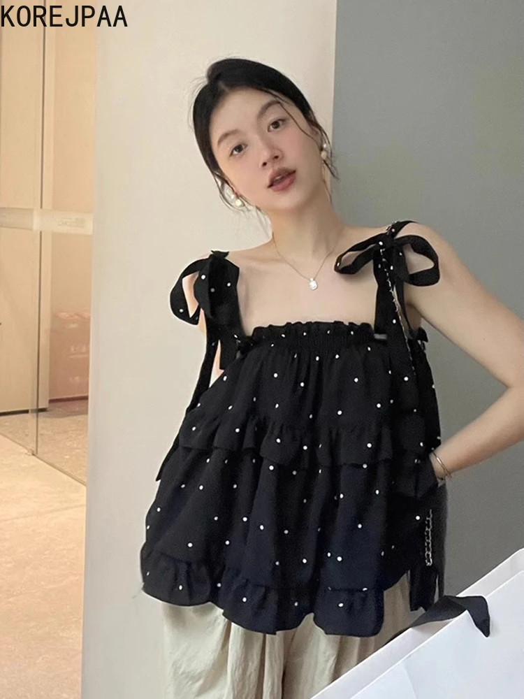 Korejpaa Korean Fashion Camis 2024 Summer French Style Square Neck Contrasting Polka Dot Tank Top Versatile Lace Up Bow Camisole