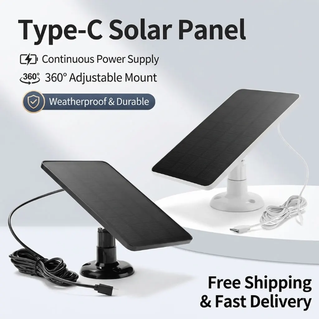 

Type-C Solar Panel Charger with 360° Rotatable Bracket, IP67 Waterproof Outdoor Solar Panel for Security Camera