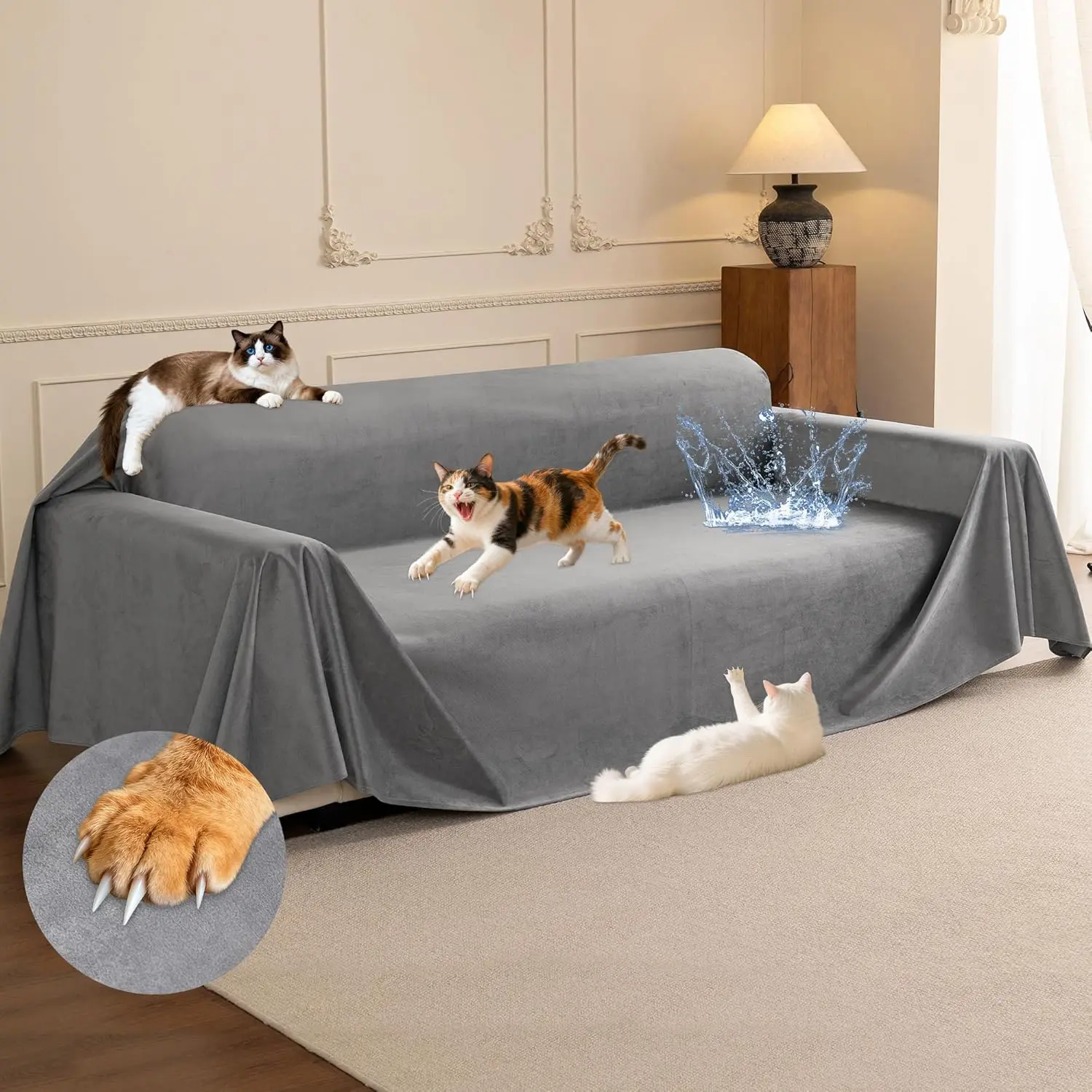 

Ultra Soft Waterproof Sofa Cover for Cats and Kids, Scratch-Resistant Anti-Slip Protector 150"X71" Grey