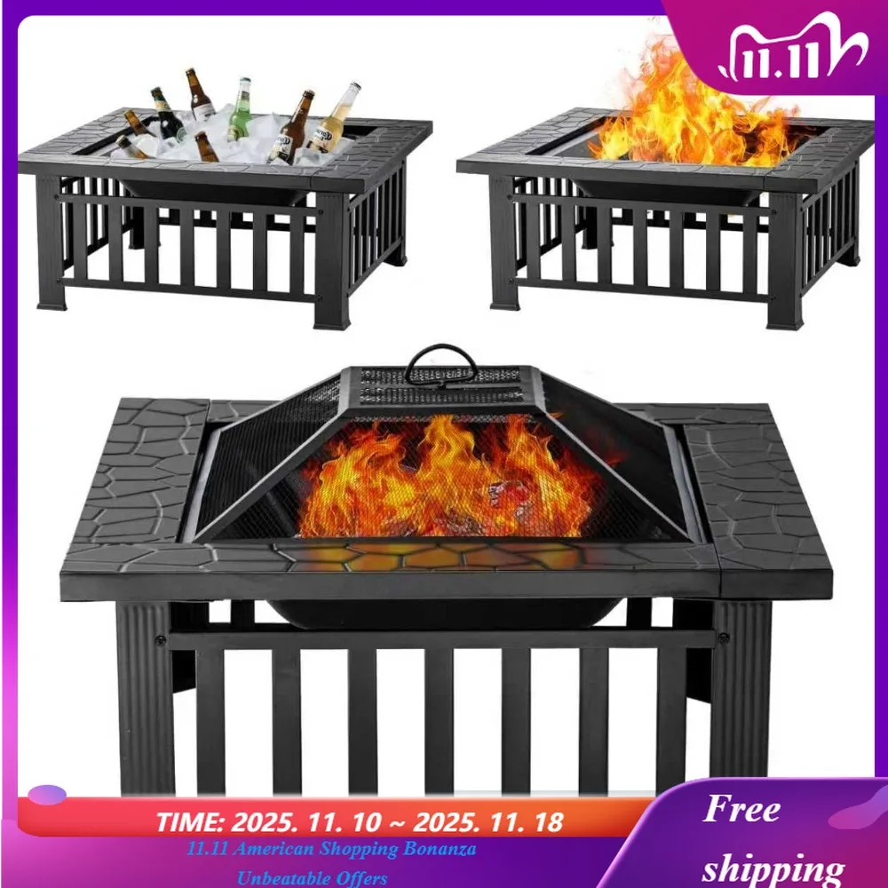 

Стол для костра 32-дюймовая квадратная металлическая печь для патио, заднего двора, сада | Многофункциональный уличный камин для кемпинга, отопления,