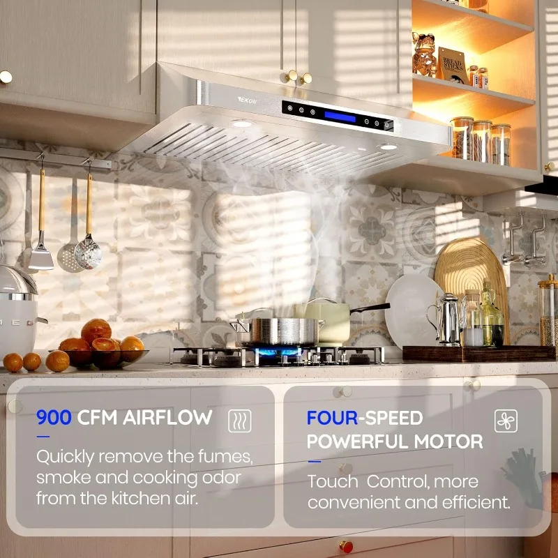 EKON 30 inches Under Cabinet Range Hood, 900 CFM Stainless Steel Kitchen Chimney Vent, 4 Speed Touch Screen Control