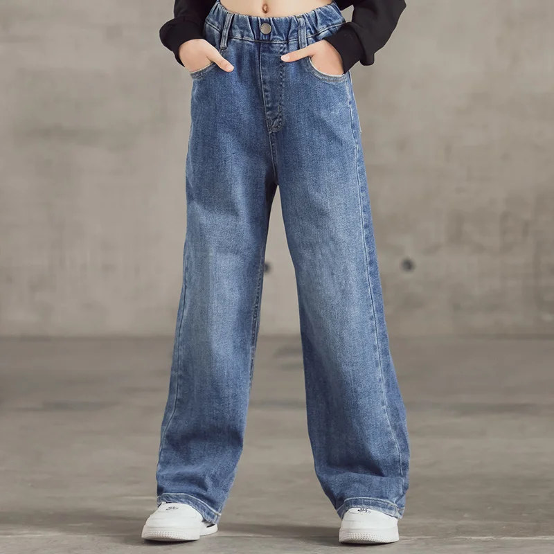 IENENS High Waist Jeans Girl Straight Loose Wide-leg Pants Spring and Autumn Korean Baggy Jeans Fashion Kids Denim Trousers