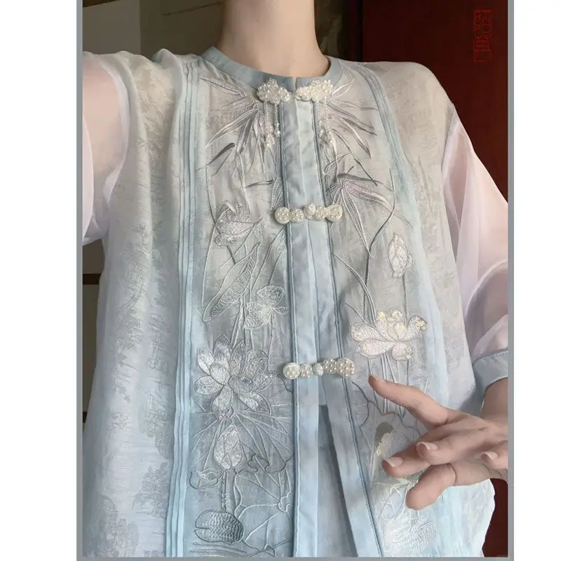 National Style blau Rundhals Lotus bestickt Langarm Tang Anzug Frauen Sommer lässig Top Shirt Hosen chinesische Kleidung