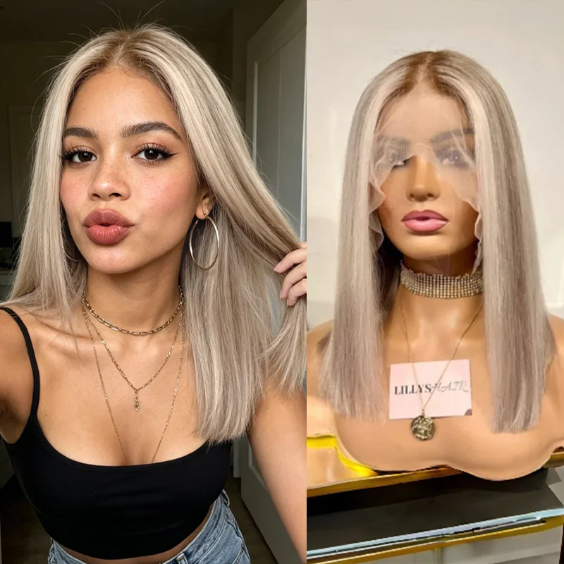 13x4 Ombre Golden Blonde Balayage Wig Dark Roots Natural Hairline Shoulder Length Straight High Quality Synthetic Wig