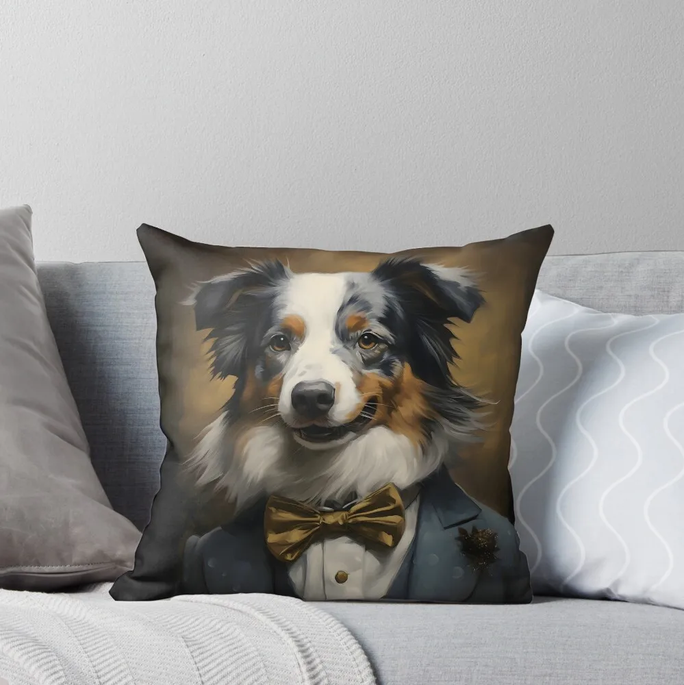 

Dapper Australian Shepherd Portrait Art Dog Victorian Dressed Animal vintage dog in suit Cushion Cover Decorative throw Pillow