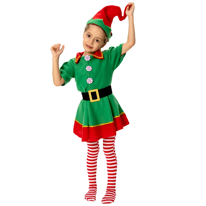 Girl Dress Christmas Elf Costume Santa Claus Helper Sidekick New Year Eve Party Cosplay Clothes Outfits with Hat Belt Stockings