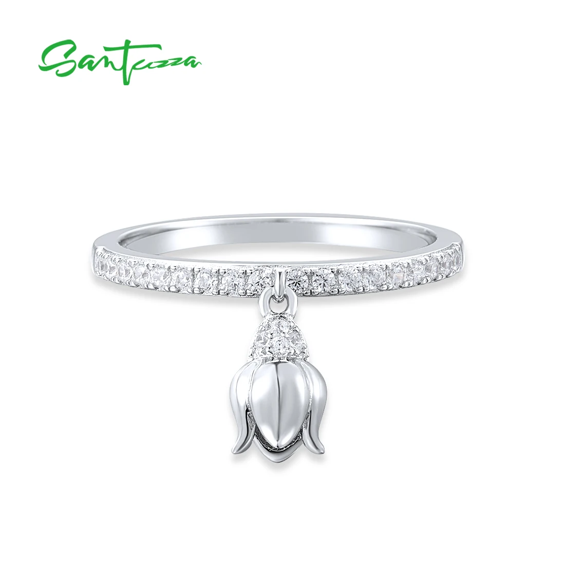 

SANTUZZA Authentic 925 Sterling Silver Rings For Women Sparkling White CZ Danling Tulip Flower Delicate Chic Fine Jewelry