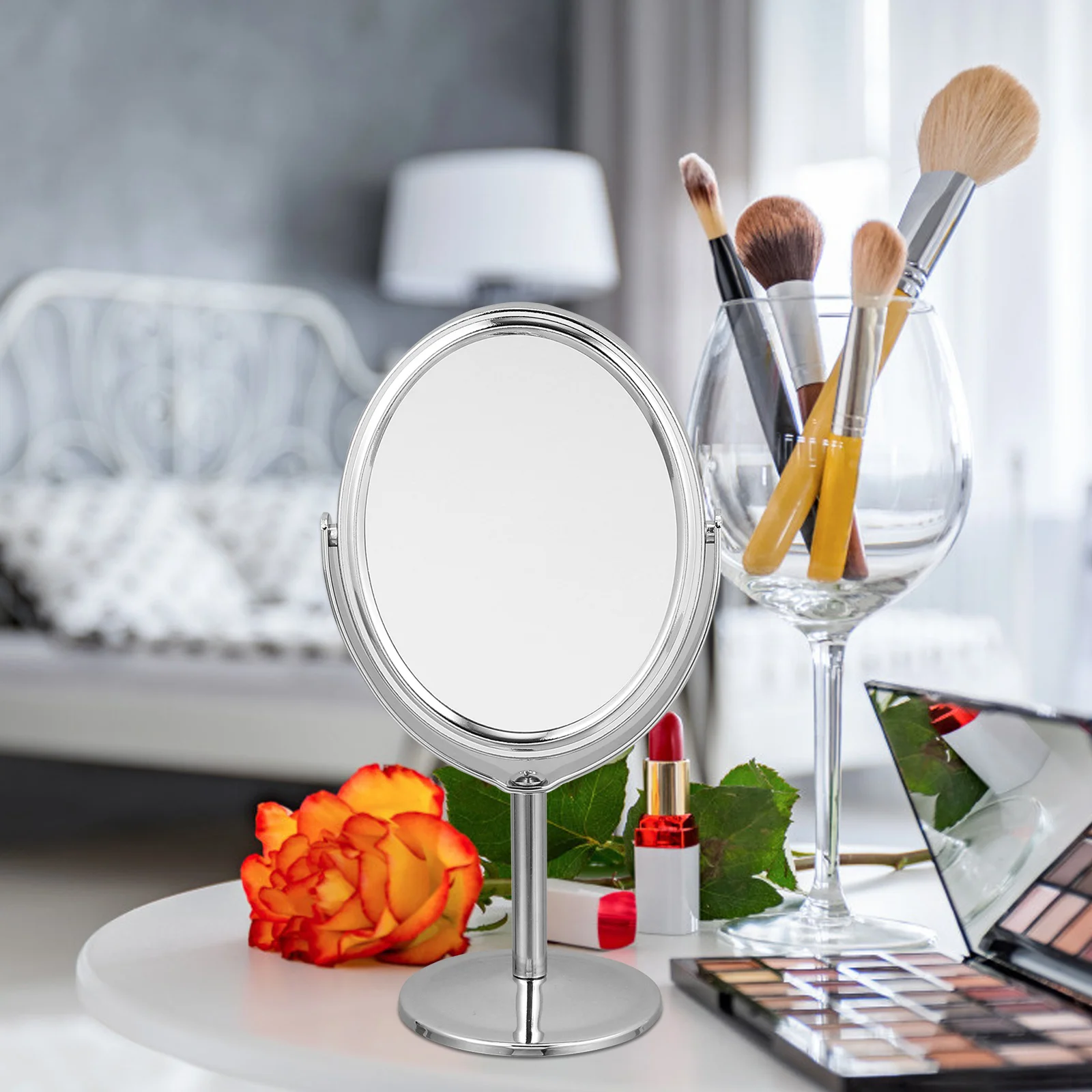 

Double Sided Magnifying Makeup Mirror Silver 360 Degree Swivel Base for Countertop Dresser Bathroom Decor Mirror