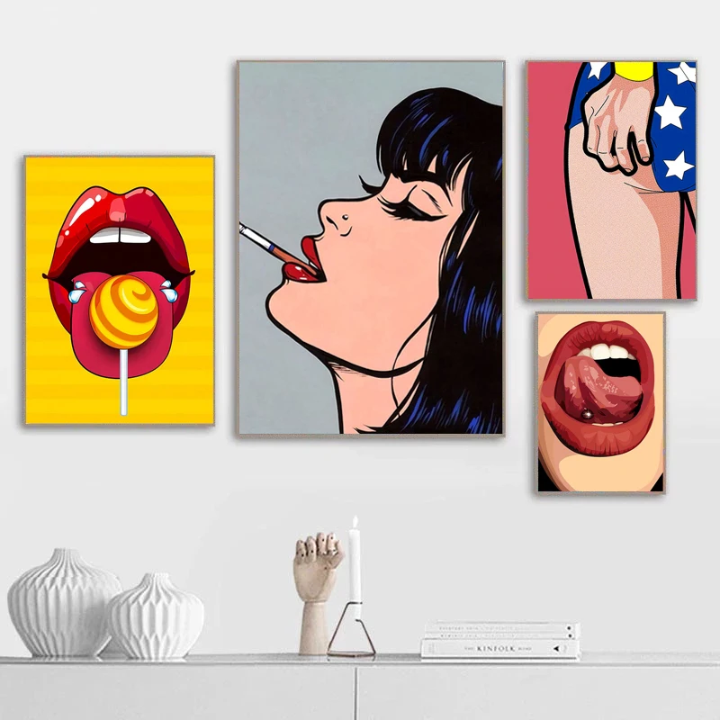 Fashion Cartoon Comic Red Lips Canvas Paintings High Heels Sexy Woman Posters Print Wall Art for Living Room Wall Decor Cuadros