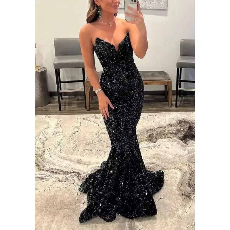 

Wakuta Sparkly Sequin Mermaid Evening Dresses for Women V-Neck Formal Long Party Prom Gown vestidos de noche largos elegantes