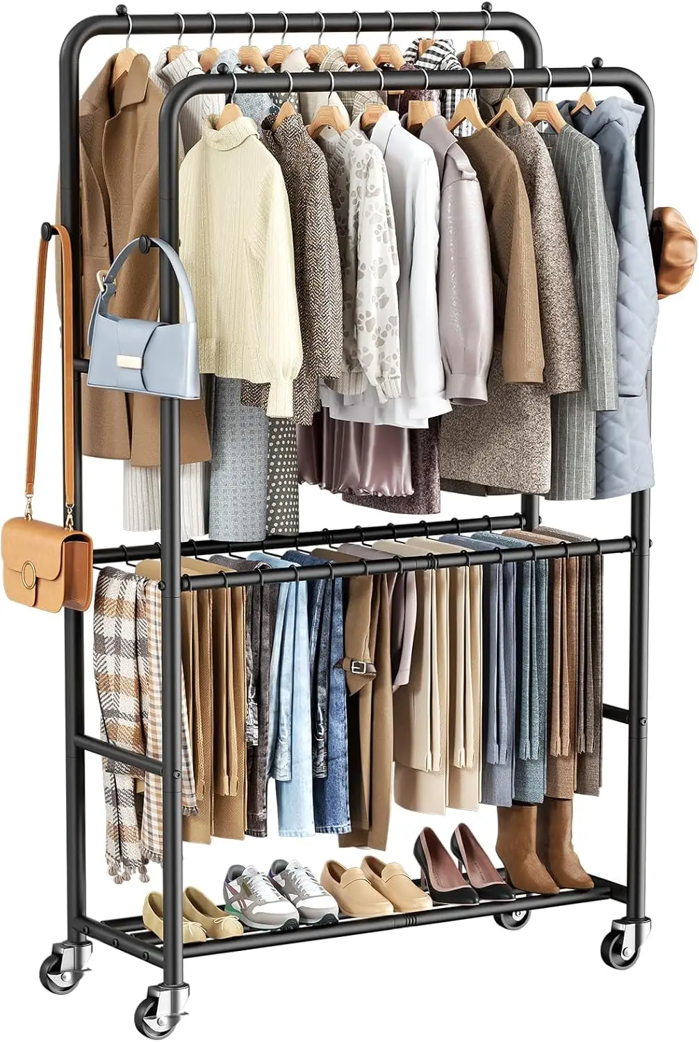 

Portable Rolling Clothes Rack with Pants Bars, Side Hooks & Shoe Shelf for Bedroom, Laundry, Store
