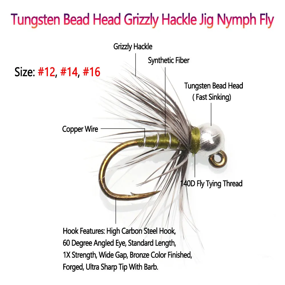 Bimoo 6pcs #12# 14 #16 Tungsten Bead Head Grizzly Hackle Jig Nymph Fly Fast Sinking Barbed Wet Euro Nymph Fly Trout Fishing Lure