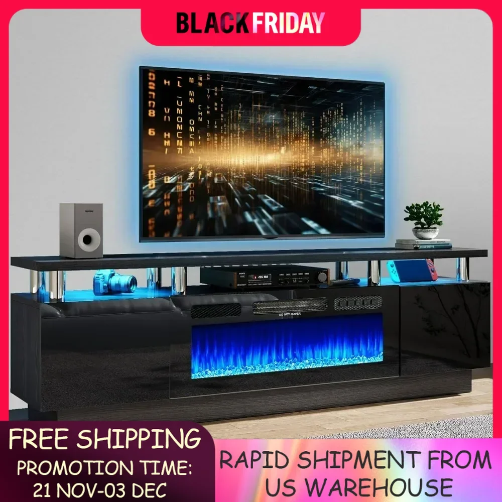 Electric Fireplace with LED Light, Entertainment Center, 2 Tier Console Stand for TVs Up to 80 