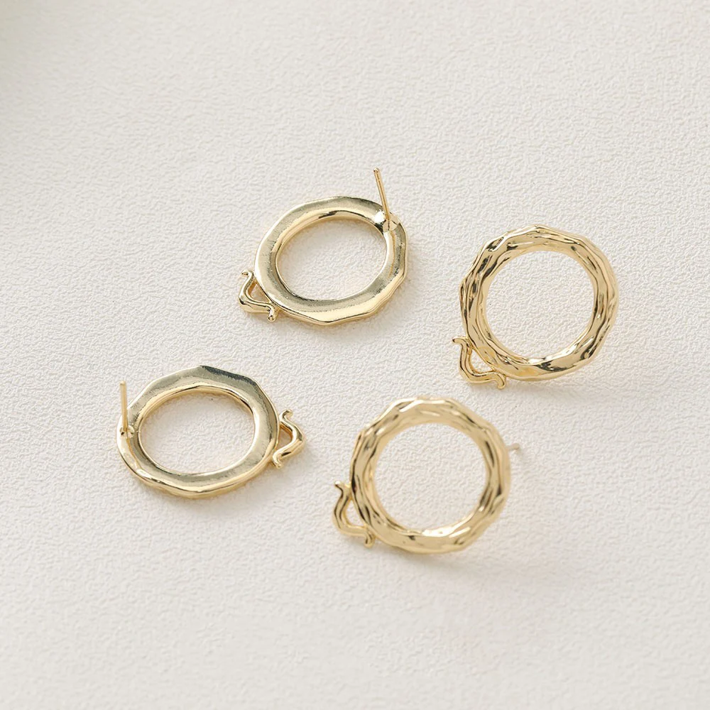 2PCS 14K Gold Plated Simple Round Rough Surface Loop Earrings Stud DIY Making Accessories Supplies