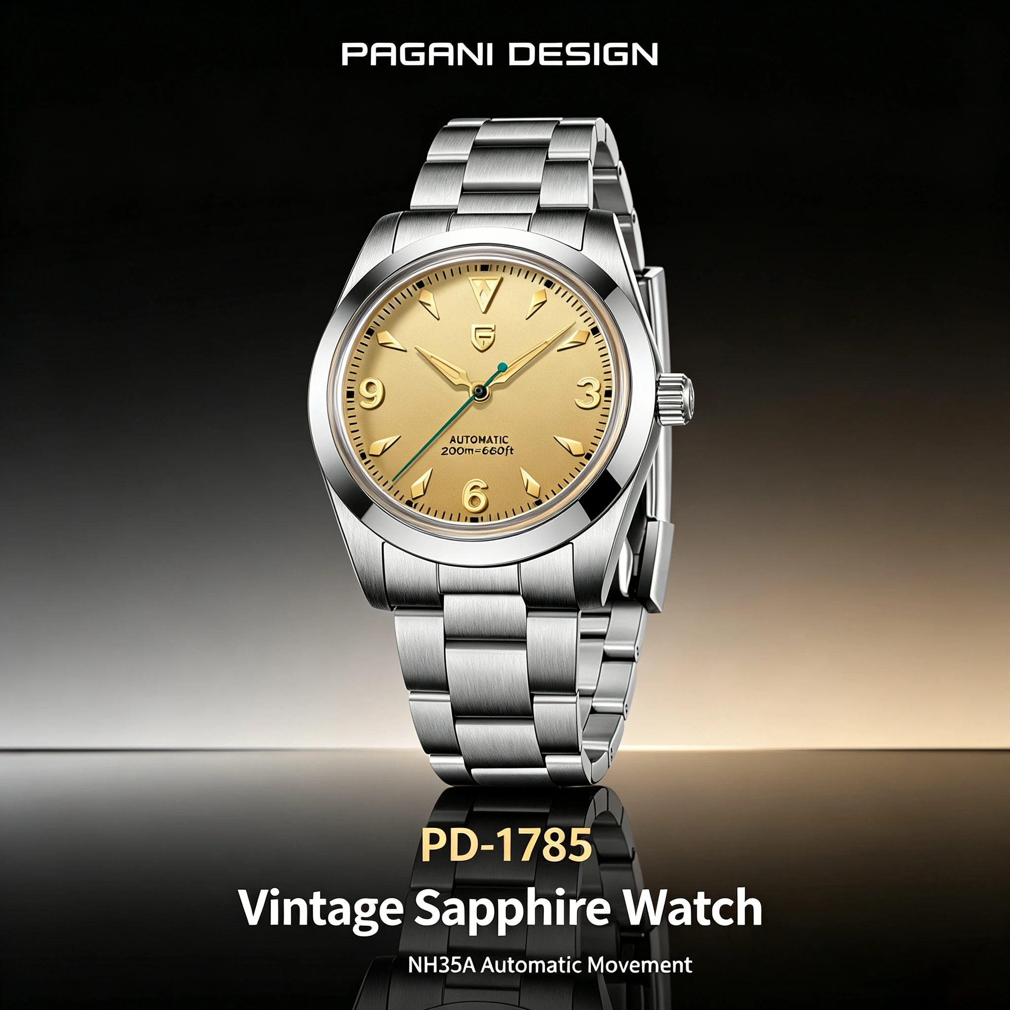 PAGANI DESIGN Men's Automatic Watch Japan TMI NH35A Movement 36.5mm Champagne Dial 200M Waterproof Sapphire Sport Diver Wristwat