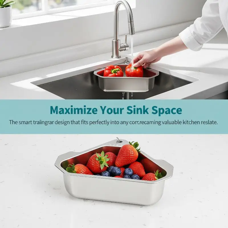 Stainless Steel Triangular Sink Organizer Multifunctional Drain Basket Rust Resistant Strainer for Kitchen Food Scrap Filtering