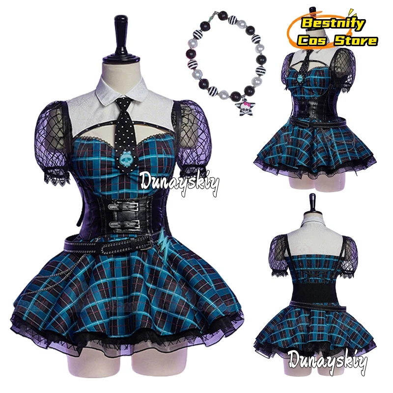 Frauen Haunted Night Gothic Blau Schwarz Kariertes Kleid Cosplay Kostüm {Bestnify Cos}Dark Style Patchwork Kleid Set Uniform Halloween