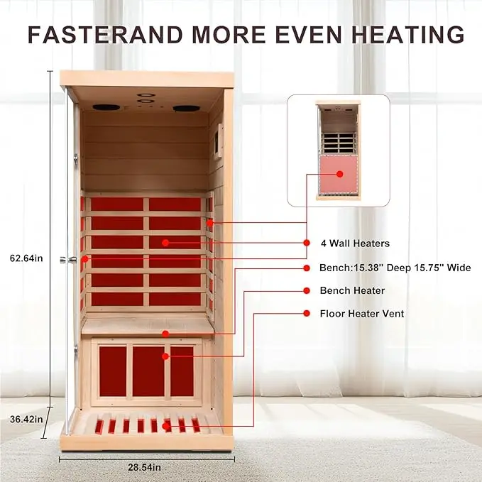 Infrared Sauna, 1 Person Far Infrared Sauna for Home, with 1060W Indoor Sauna with Bluetooth Speakers, LED Reading Lamp