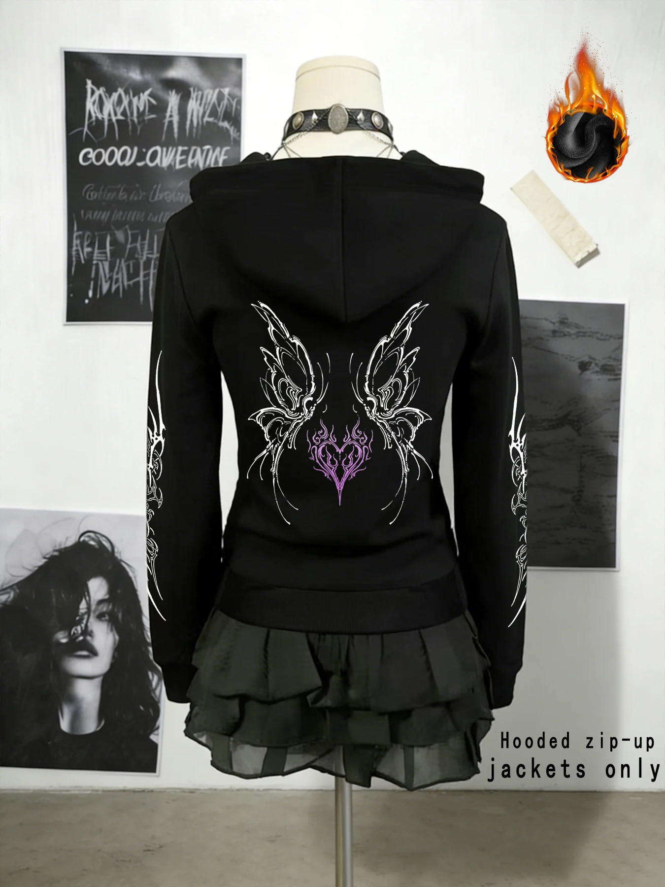 

Зимняя куртка Y2k с готическим принтом, толстая тяжелая бархатная черная куртка на молнии с капюшоном, тонкая темпераментная женская куртка в повседневном стиле для ленивых поездок на работу