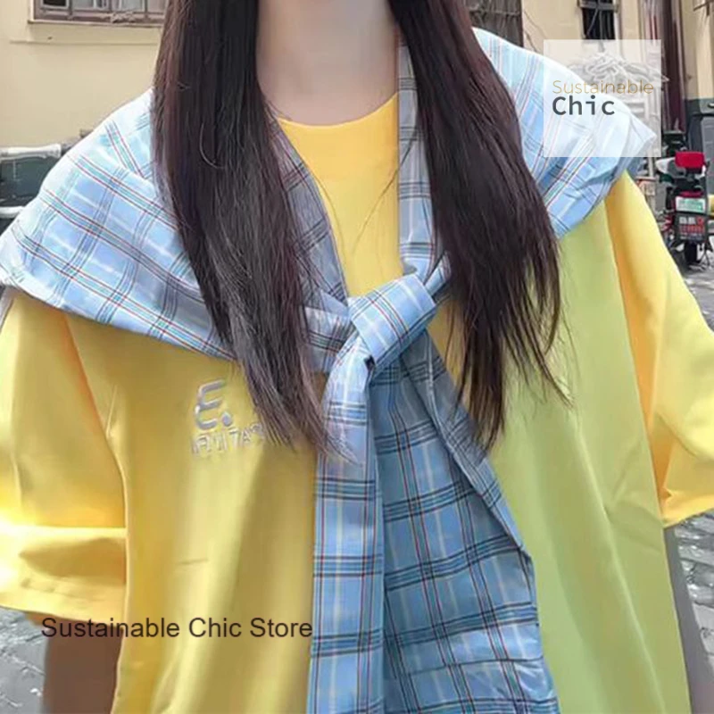 

Korean retro contrast plaid shawl fake two detachable cotton short-sleeved T-shirts women's summer new fashion loose tops.