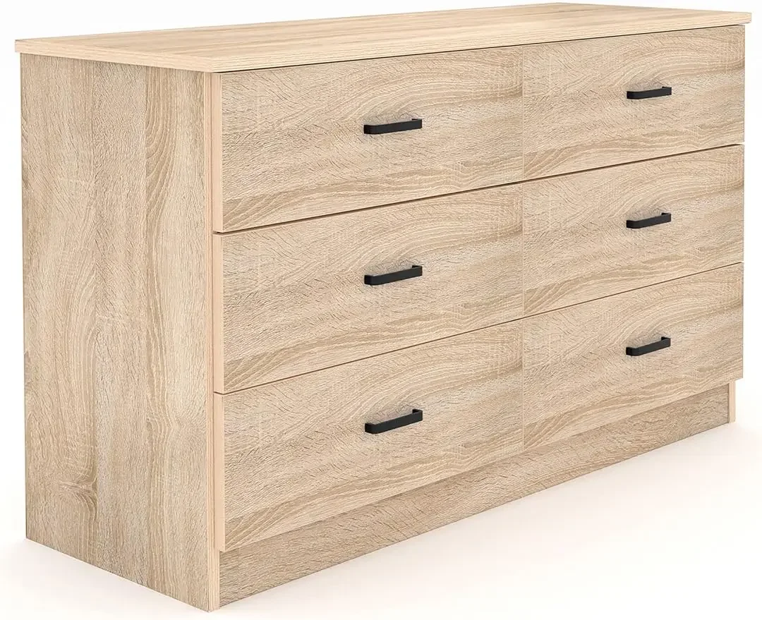 6 Drawer Wood Double Dresser with Metal Handles for Bedroom, 15.8