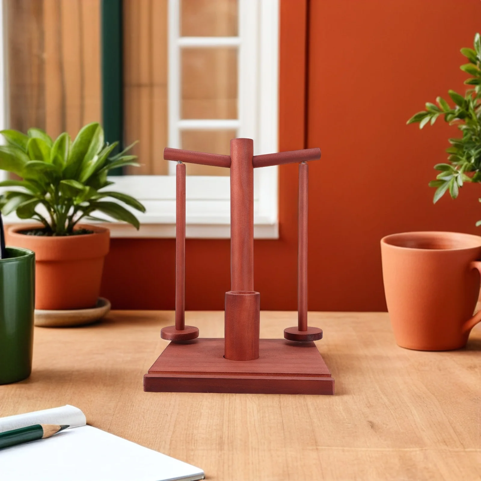 Wooden Yarn Storage Organizer Rotating Yarn Holder Double Spindles Thread Rack Home DIY Knitting Crocheting Spool Stand