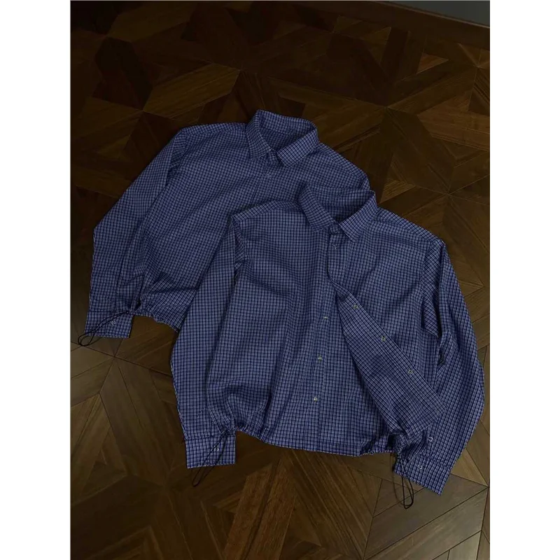 

Miu Handmade Pleated Royal Blue Plaid Long Sve irt Cleanfit Boxy Dstring Collar Inner Wear Casual Women's Top