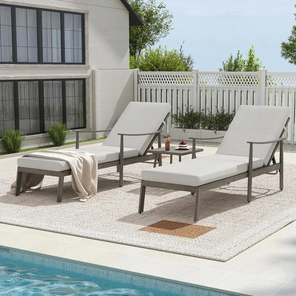 

Outdoor Chaise Lounge Set of 3, Adjustable Aluminum Pool Lounge Chair with Cushion and Side Table, Curved Armrest, Outdoor Loun