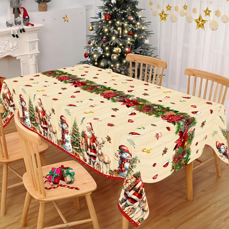 1pc Vintage Christmas Plastic Tablecloth, 6.0 X 4.49ft Disposable Tablecovers with Santa Snowman Elk & Xmas Tree Patterns, Indoo