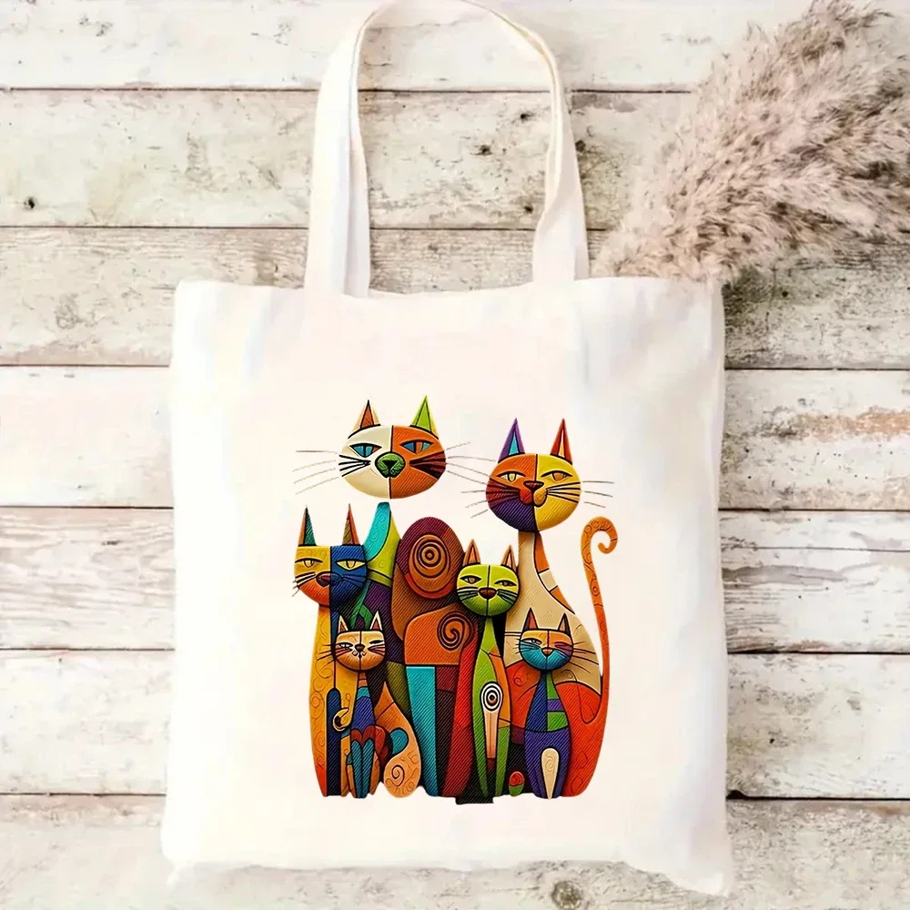 Geometric Abstract Cat Canvas Tote Bag Vibrant Multi-Cat Design Eco Friendly Shoulder Bag For Casual Use