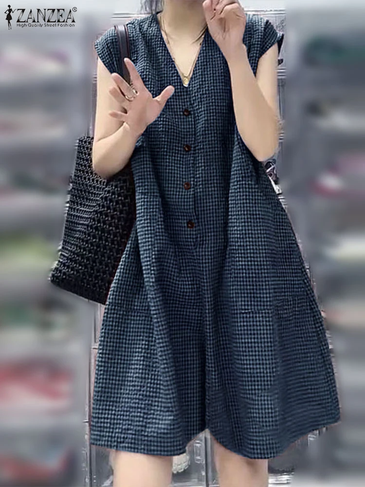 2025 ZANZEA ファッション女性ワイドレッグジャンプスーツ夏のチェック柄チェックオーバーオールパンツカジュアル V ネックノースリーブワークロンパースオーバーサイズ