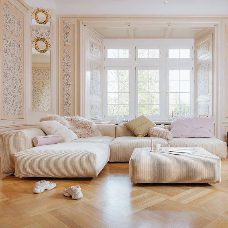 

Nordic corduroy fabric sofa Foshan living room minimalist wabi sandy wind designer down tofu module