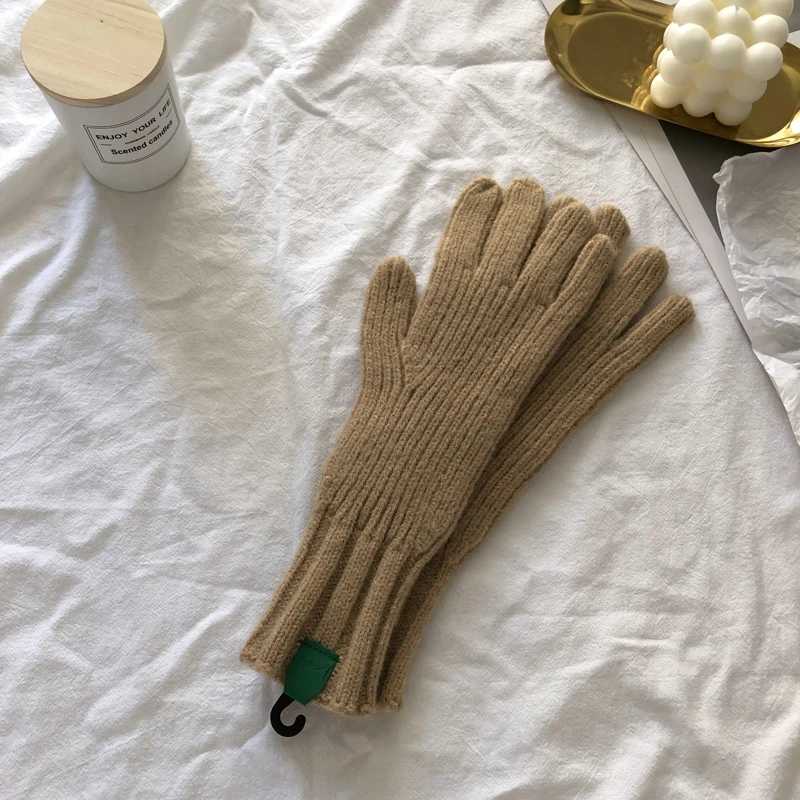 Guantes de punto de Color puro para mujer, guantes gruesos y cálidos con dedos divididos, regalo de Navidad para pareja