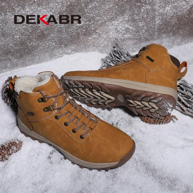 Marca DEKABR, botas de nieve clásicas de piel cálida para otoño e invierno de cuero genuino, botas de moto para hombre, botas cálidas hasta el