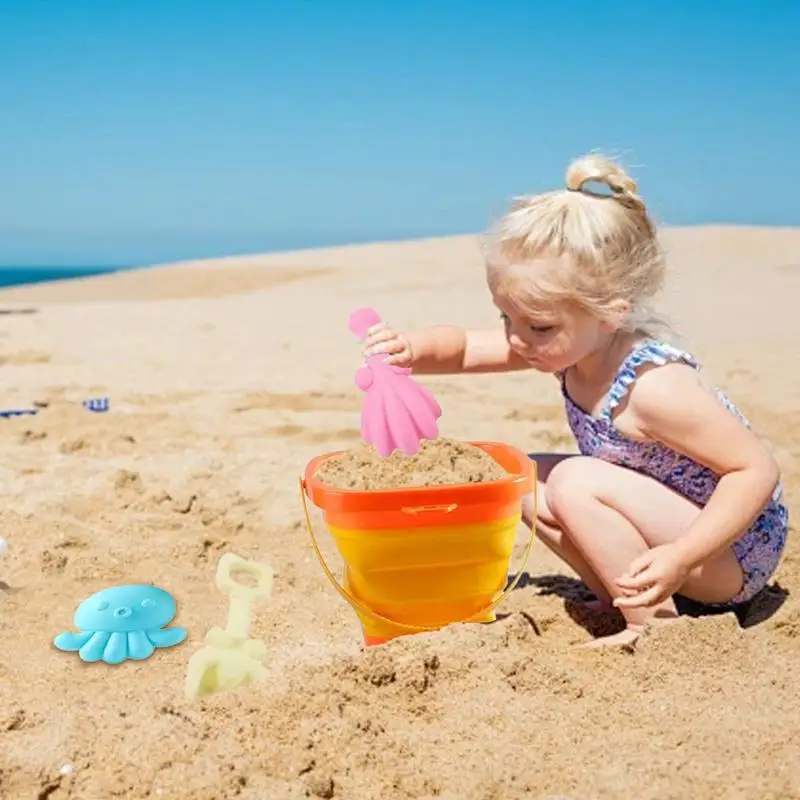 Foldable Beach Sand Toys 4PCS Sandbox Travel Toys Sand Bucket And Shovels Set Folding Pail Bucket Beach Sand Pails For Fun