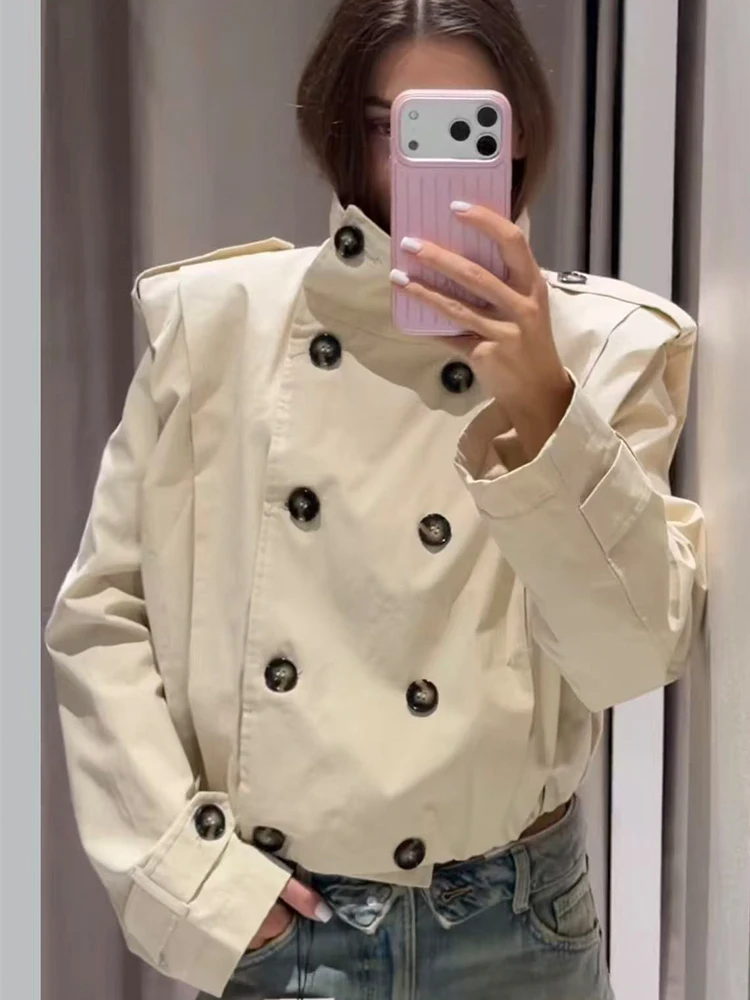 Women Chic Short Trench Coat Elegant Double Breasted Pleated Jacket 2026 Spring Autumn Trendy High Street Commuting Coats