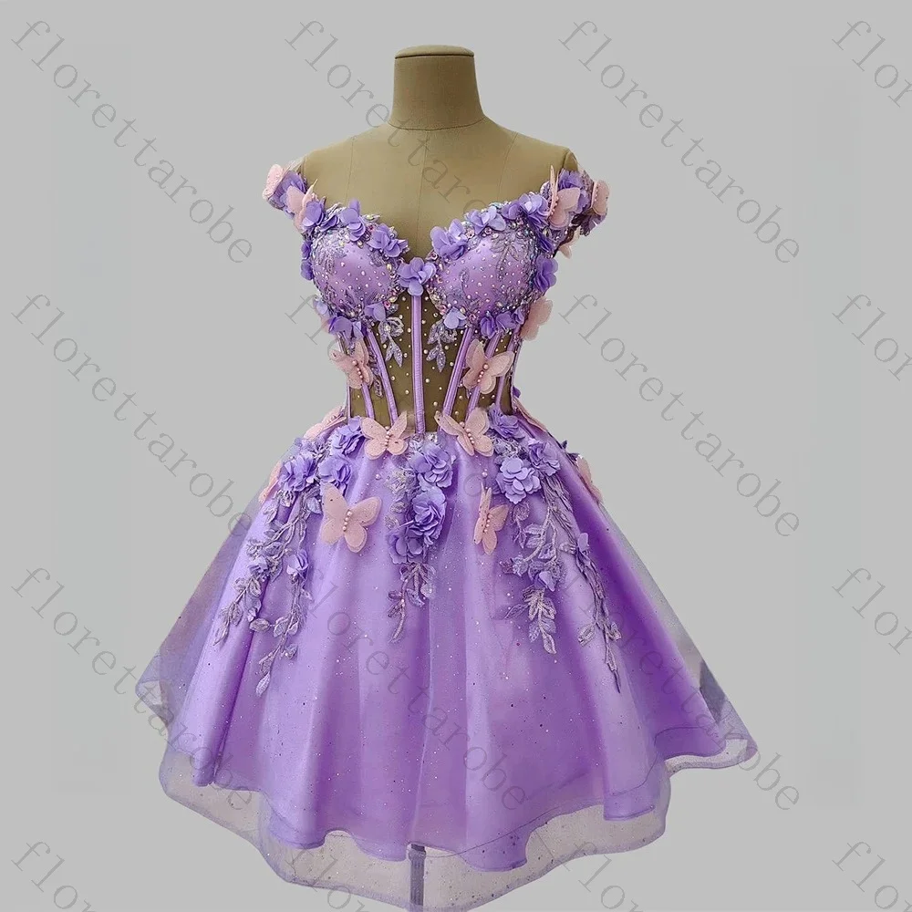 Customized Lavender Off Shoulder Tulle A Line Mini Dress 3D Flower Butterfly Appliques Corset Elegant Short Homecoming Gown