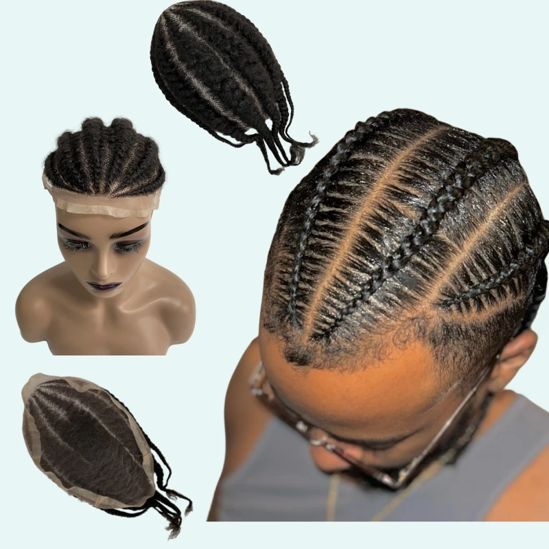 

Brazilian Virgin Human Hair Replacement Afro Corn Braids Color 1b# 8x10 Full Lace Toupee for Black Men